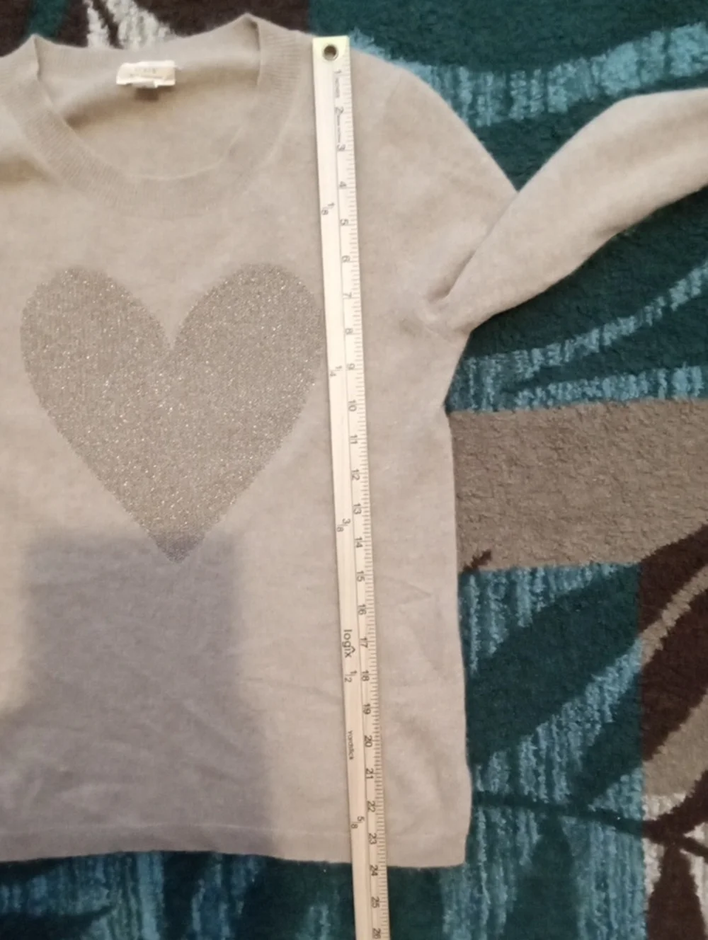 J Crew Cashmere Crewneck Sweater With Lurex Metallic Heart Neutral Fitted Small